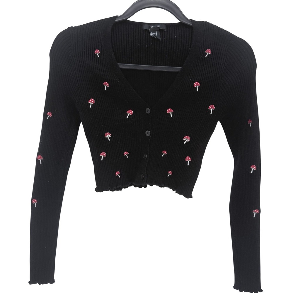 Forever 21 Black Mushroom Embroidered Ribbed Cropped Lettuce Hem Cardigan Y2k
